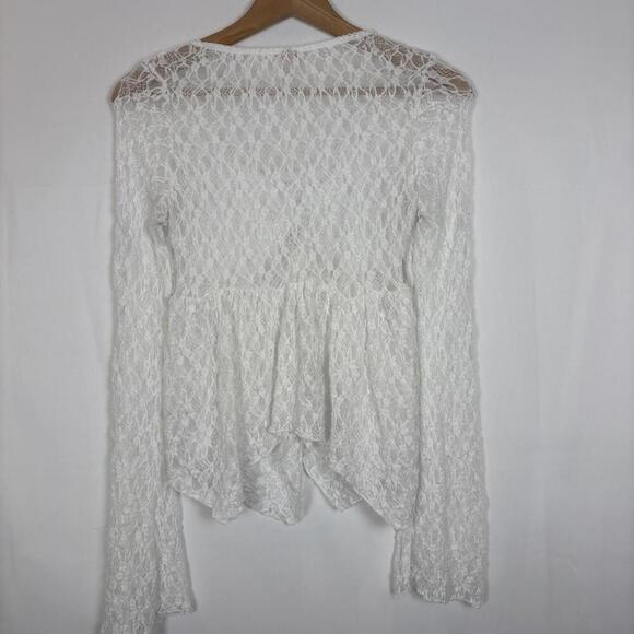 French Twist White Lace Front Open Slit Satin bow Long Sleeve Blouse Size: M - Picture 5 of 7